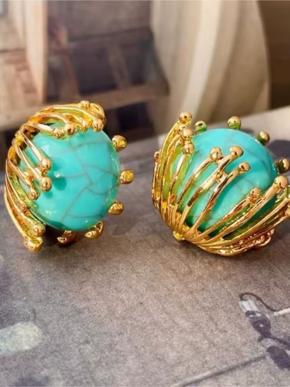 Gold-Tone Turquoise Dome Clip Earrings